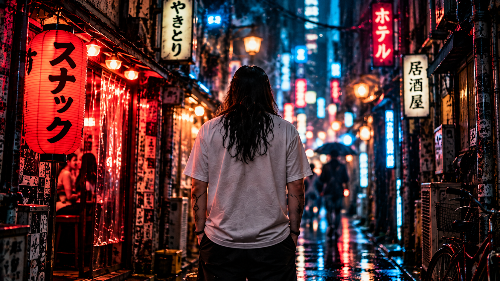 A long-haired figure in a rainy Tokyo alley lit by blue and red neon