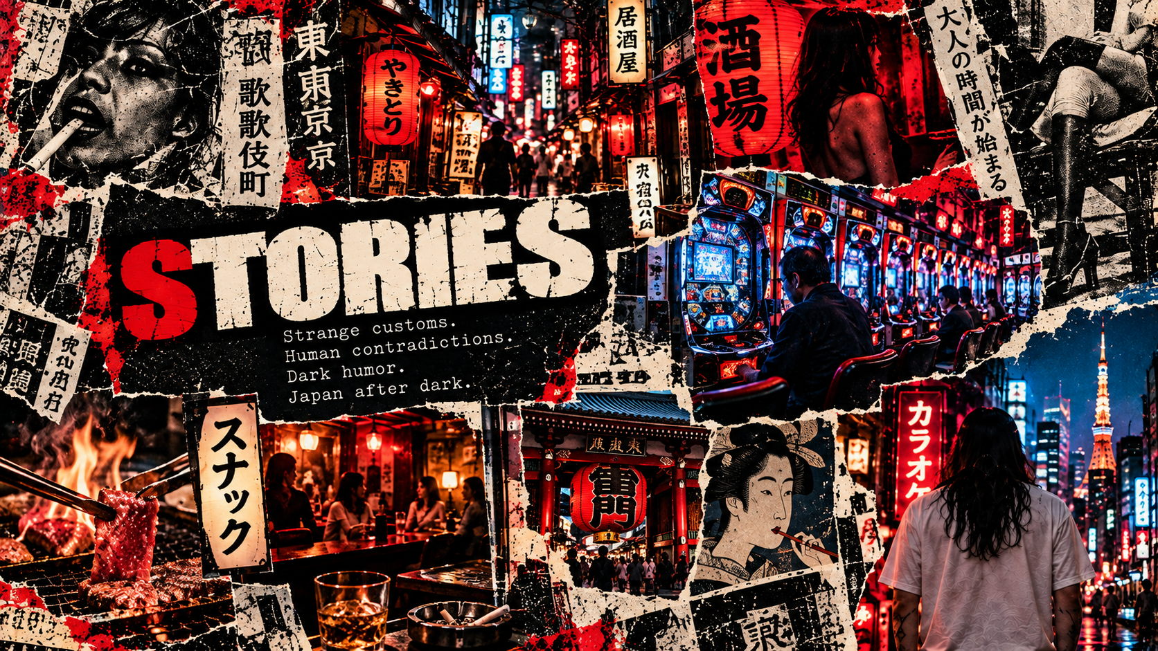 STORIES. Strange customs. Human contradictions. Dark humor. Japan after dark. A punk zine collage of Tokyo nightlife, pachinko, food and ukiyo-e.